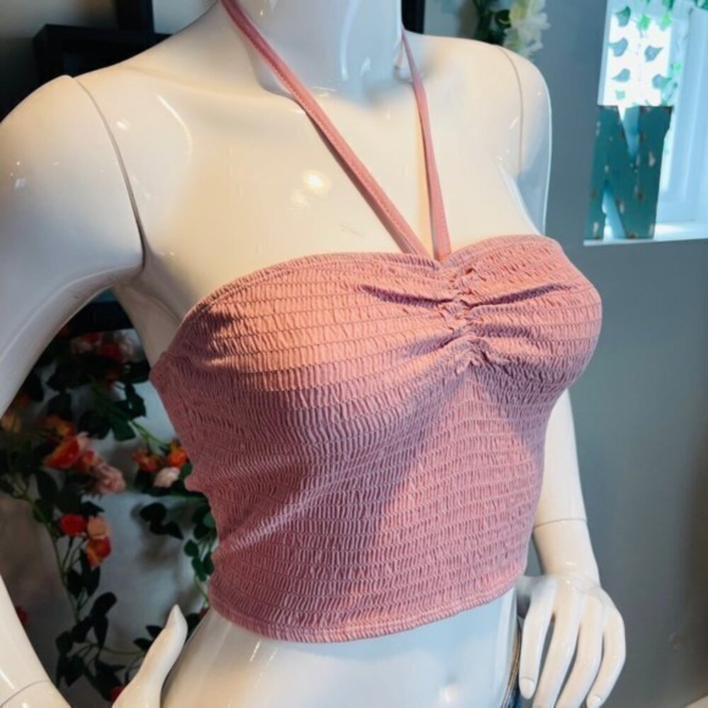Bozzolo Smocked 100% Cotton Cropped Halter‎ Top Pink Size M RefFNB